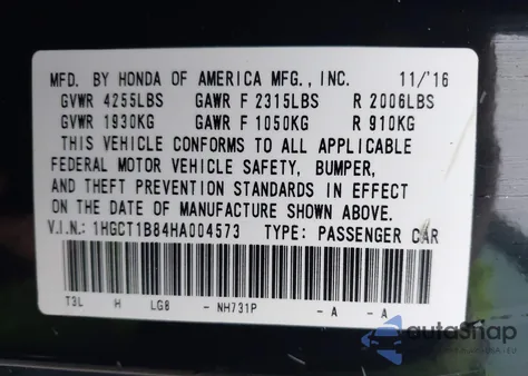 2017 Honda Accord Ex-L z USA, uszkodzony, nr VIN 1HGCT1B84HA004573